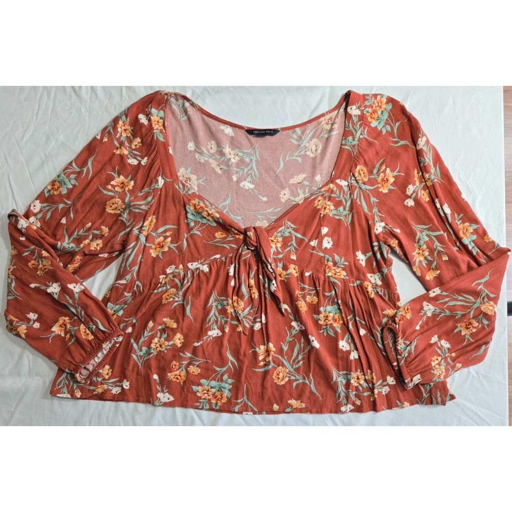 Size XL AEO Floral Boho Babydoll Top Tie Front Peplum Flowy Blouse Cottagecore